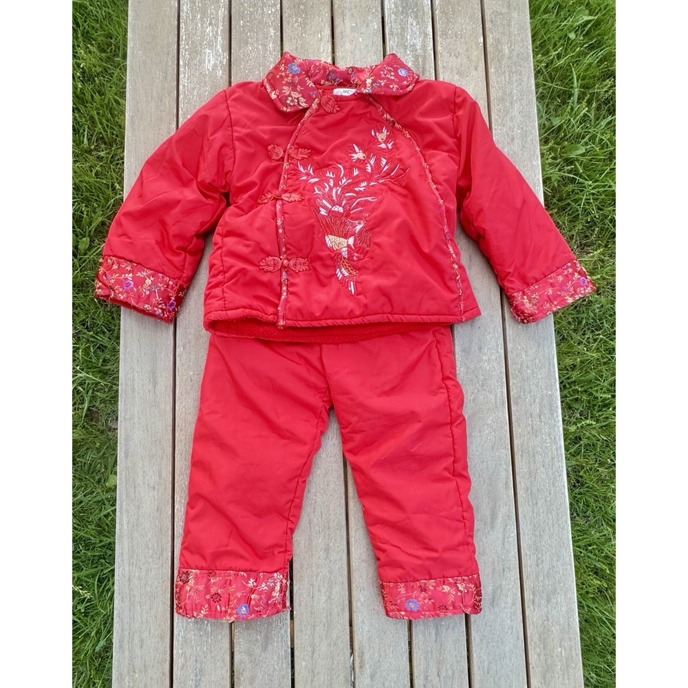 Vintage Red Embroidered Chinese Toddler Set Padded Satin Lunar New Year Outfit‎